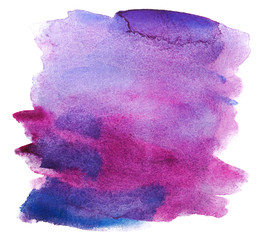 Magenta with a blue Violet tint blot spot watercolor hand-drawn on white background isolated