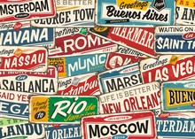 Travel Pattern With World Wide Cities And Places. Retro Colorful Playful  Background With Popular Touristic Destinations. 