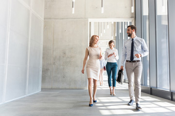 Business professionals talking while walking in office corridor