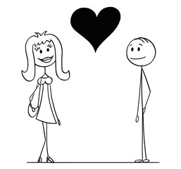 Sticker - Cartoon stick drawing conceptual illustration of man and woman and big heart between them as symbol of love.