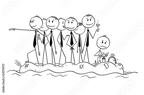 Fotografie, Obraz Cartoon stick man drawing conceptual illustration of group of unworried reckless businessman or politicians on old unstable inflatable rubber boat