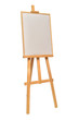 © Flower Studio - Easel with frames empty for drawing isolated on white background. Horizontal paper sheets. Object, set. Wooden, mock up. Education, school, artist. Creative concept and idea of art