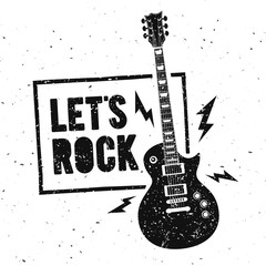 vector illustration lets rock music print graphic design with guitar. vintage stamp label. t-shirt l