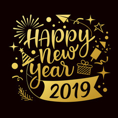 Wall Mural - Happy new year 2019 message with icons gold design background, vector illustration
