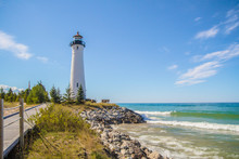 Classic Great Lakes Lighthouse. Crisp Point Lighthouse On The Remote Shores Of Lake Superior In The Upper Peninsula Of Michigan.