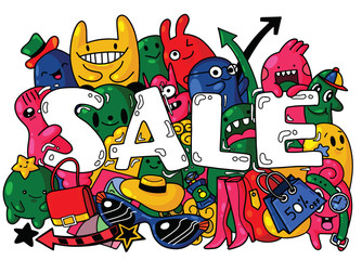 Poster - SALE banner template design, Vector illustration of Doodle cute Monster background ,Hand drawing Doodle