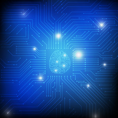 Fototapete - Vector : Brain and electronic circuit on blue background