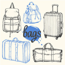 Travel Hand-drawn Set With Bags, Backpacks And Suitcase. Vector Illustration In Sketch Style On White Background. Brush Calligraphy Elements For Your Design. Handwritten Ink Lettering.