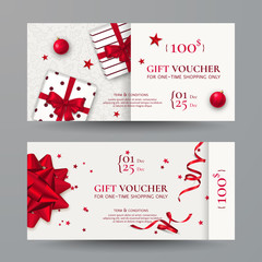 Wall Mural - Vector set of elegant Christmas gift vouchers with realistic red bows, gift boxes, toys, ribbons, stars and confetti. Festive background for design of gift cards, coupons and holiday certificates.