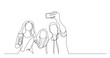 group of happy young friends making selfie - one line drawing