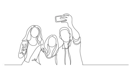 Wall Mural - group of happy young friends making selfie - one line drawing