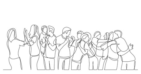 Wall Mural - large team of friends cheering and celebrating success - one line drawing