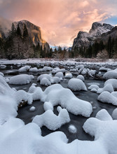 Fresh Snowfall At Sunrise In Yosemite National Park, California, USA