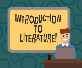 Aufkleber - Writing note showing Introduction To Literature. Business photo showcasing Collegepreparatory composition course Bordered Board behind Man Sitting Smiling with Laptop Mug on Desk