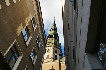 detail of a building in the old town of Riga, Latvia St. Peter's Church, Riga