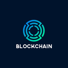 Poster - Blockchain line icon logo concept on dark background. Cryptocurrency data sign design. Abstract geometric block chain technology business sign. Vector illustration