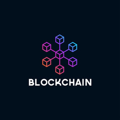 Poster - Blockchain line icon logo concept on dark background. Cryptocurrency data sign design. Abstract geometric block chain technology business sign. Vector illustration