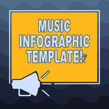 Writing note showing Music Infographic Template. Business photo showcasing representation of information in a graphic format Megaphone Sound icon Outlines Square Loudspeaker Text Space photo