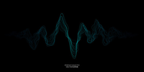 Poster - Abstract vector wave lines green and blue colors isolated on black background for design elements in concept music, technology, modern, science. AI