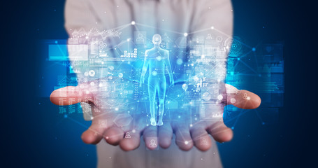 Poster - Young person holding hologram projection displaying health related graphs and symbols
