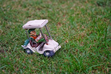 Wall Mural - girl with lawn mower on grass