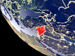 Poster - Orbit view of Syria at night with bright city lights. Very detailed plastic planet surface.