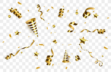 Poster - Golden confetti with party poppers isolated. 