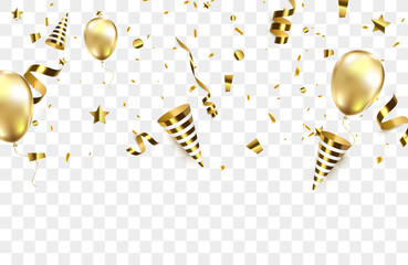 Poster - Golden confetti with party poppers isolated. 
