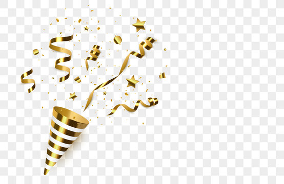 Golden confetti with party poppers isolated. 