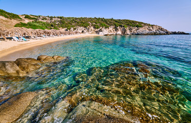 Beautiful beach and rocky coastline landscape in Greece