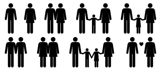set of stick people in different poses isolated on white background. different types of families. si