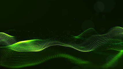 Abstract green color digital particles wave with dust and light background