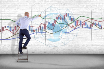 Poster - Businessman in front of a wall with a 3d render Stock exchange trading data information display on a futuristic interface