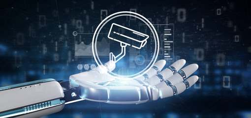 Poster - Cyborg holding Security camera system icon and statistics data - 3d rendering