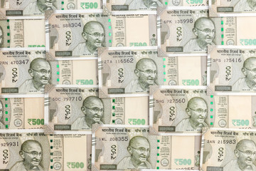 Close up view of brand new indian 500 rupees banknotes. Money background.