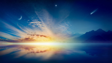 Wall Mural - crescent moon, glowing clouds, bright star and comet above serene sea