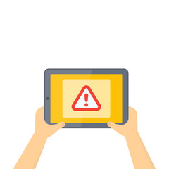 Poster - Warning alert on screen, tablet in hands, vector illustration