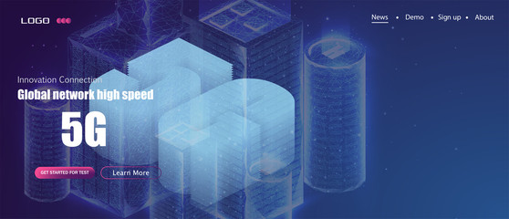 Poster - 5G new wireless internet wifi connection. Smart city or intelligent building isometric vector concept. Building automation with computer networking illustration. low poly wireframe
