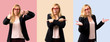 © luismolinero - Set of Middle-age blonde business woman with black jacket pointing to the laterals having doubts