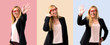 © luismolinero - Set of Middle-age blonde business woman with black jacket making phone gesture and saluting