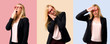 © luismolinero - Set of Middle-age blonde business woman with black jacket making sleep gesture. Adorable and sweet expression on colorful background