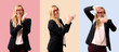 © luismolinero - Set of Middle-age blonde business woman with black jacket applauding after presentation in a conference on colorful background