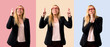 © luismolinero - Set of Middle-age blonde business woman with black jacket with fingers crossing and wishing the best. Making a wish. on colorful background
