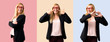 © luismolinero - Set of Middle-age blonde business woman with black jacket smiling with a happy and pleasant expression