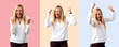 © luismolinero - Set of Middle age blonde woman with white shirt celebrating a victory in winner position on colorful background