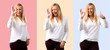 © luismolinero - Set of Middle age blonde woman with white shirt showing an ok sign