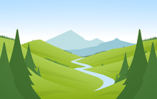 Vector Illustration: Cartoon Flat Summer Mountains Landscape With Green Hills, Pine Forest And River