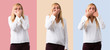 © luismolinero - Set of Middle age blonde woman with white shirt covering mouth with hands