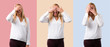 © luismolinero - Set of Middle age blonde woman with white shirt covering eyes by hands