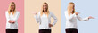 © luismolinero - Set of Middle age blonde woman with white shirt holding copyspace imaginary on the palm to insert an ad on colorful background
